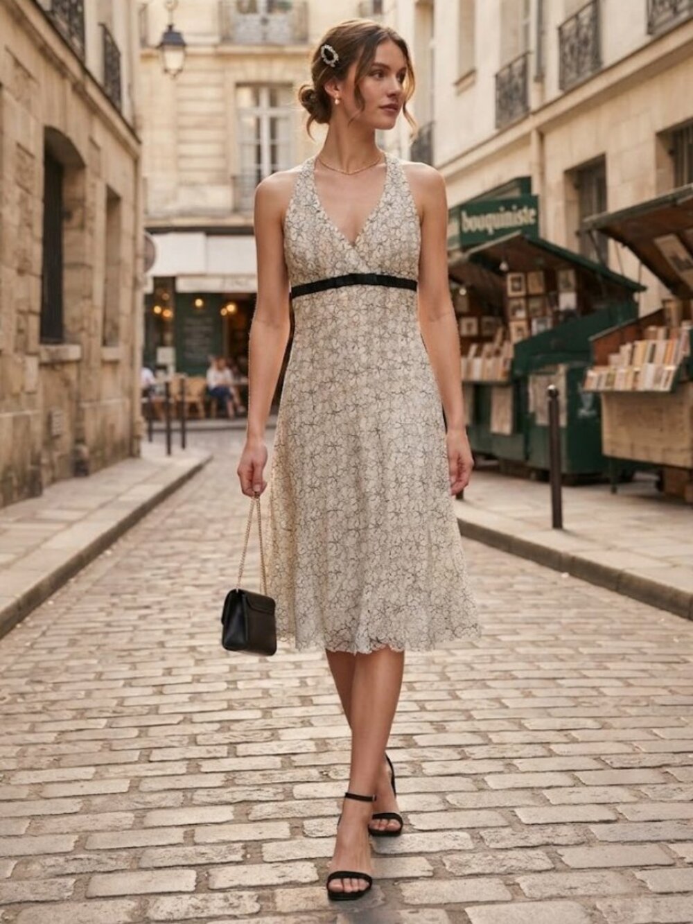 Ivory Lace V‑Neck Halter Mini Dress with Black Waistband